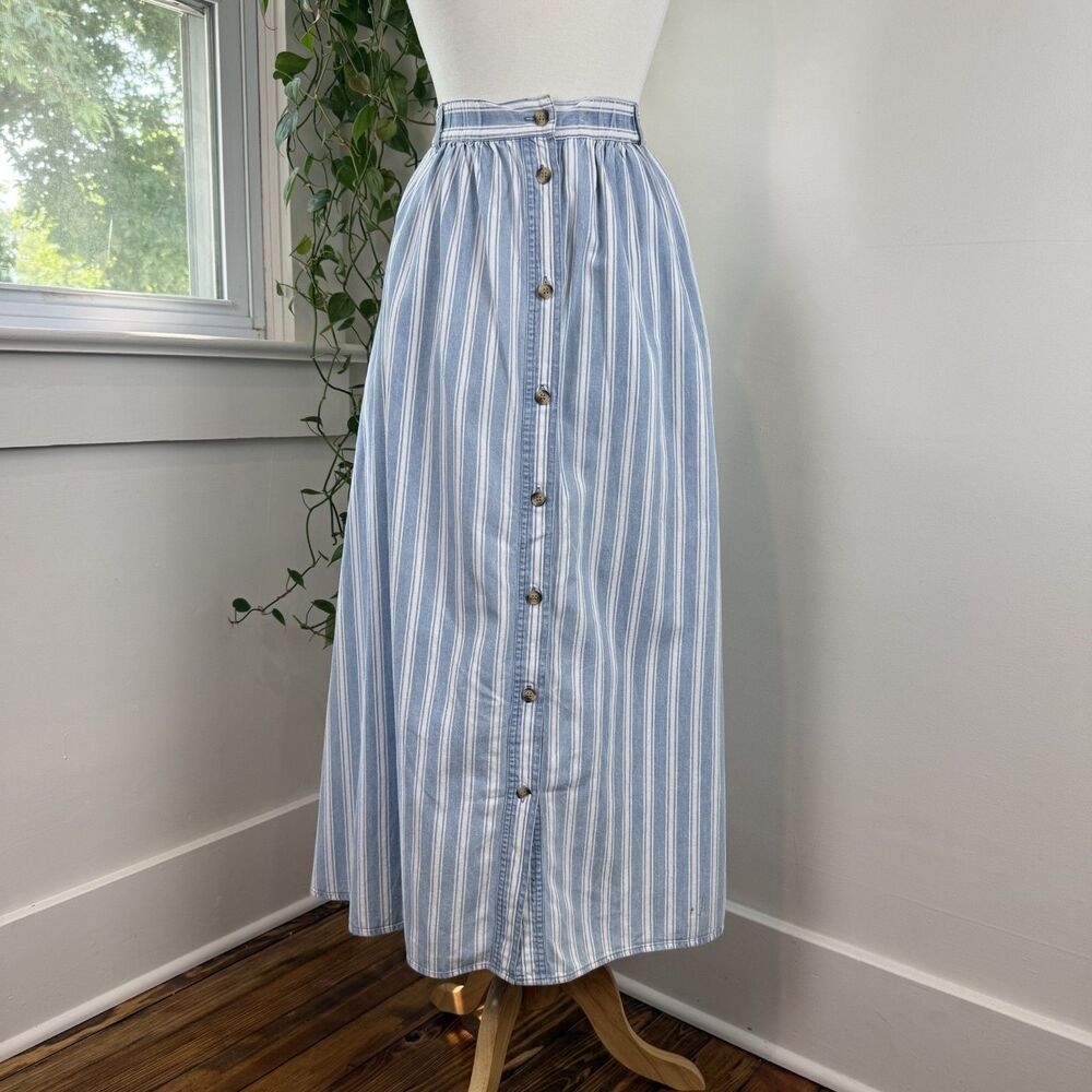 Vintage 90s Blue White Striped Cotton Denim Jean Button Front Maxi Skirt, A-Line